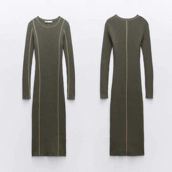 ZARA RIBBED KNIT PIPED STRETCH LONG SLEEVE MIDI DRESS KHAKI - Picture 10 of 13